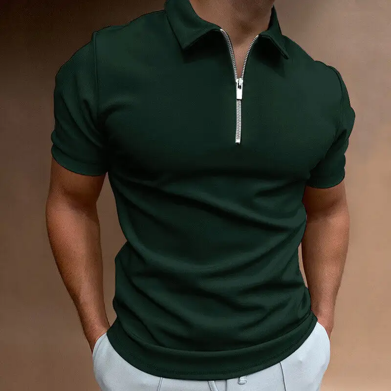 Mens manga curta camisa polo golfe esporte slim zipper t shirt top plain blusa Reino Unido