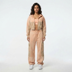 Women <b>Cropped</b> <b>Zip</b> <b>Up</b> <b>Hoodie</b> and Cargo Sweatpants Set Washed Two Piece Tracksuit Custom Rhinestone Detail - Product Image 1
