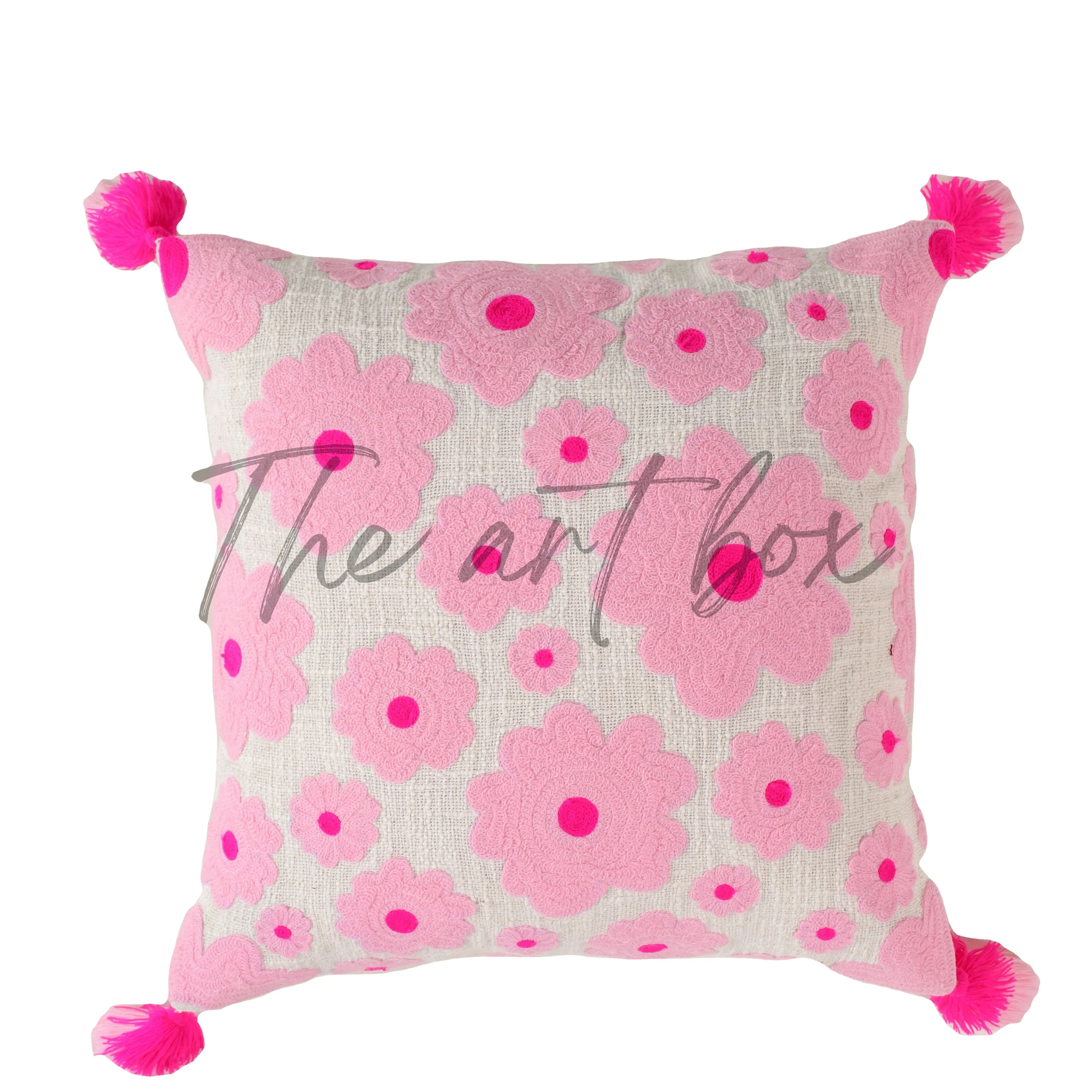 Modern Ins Style Embroidered Pink Flowers Throw Pillow Cover Simple Cotton Cushion Covers Cafe Farmhouse Sofa Bedhead Decor