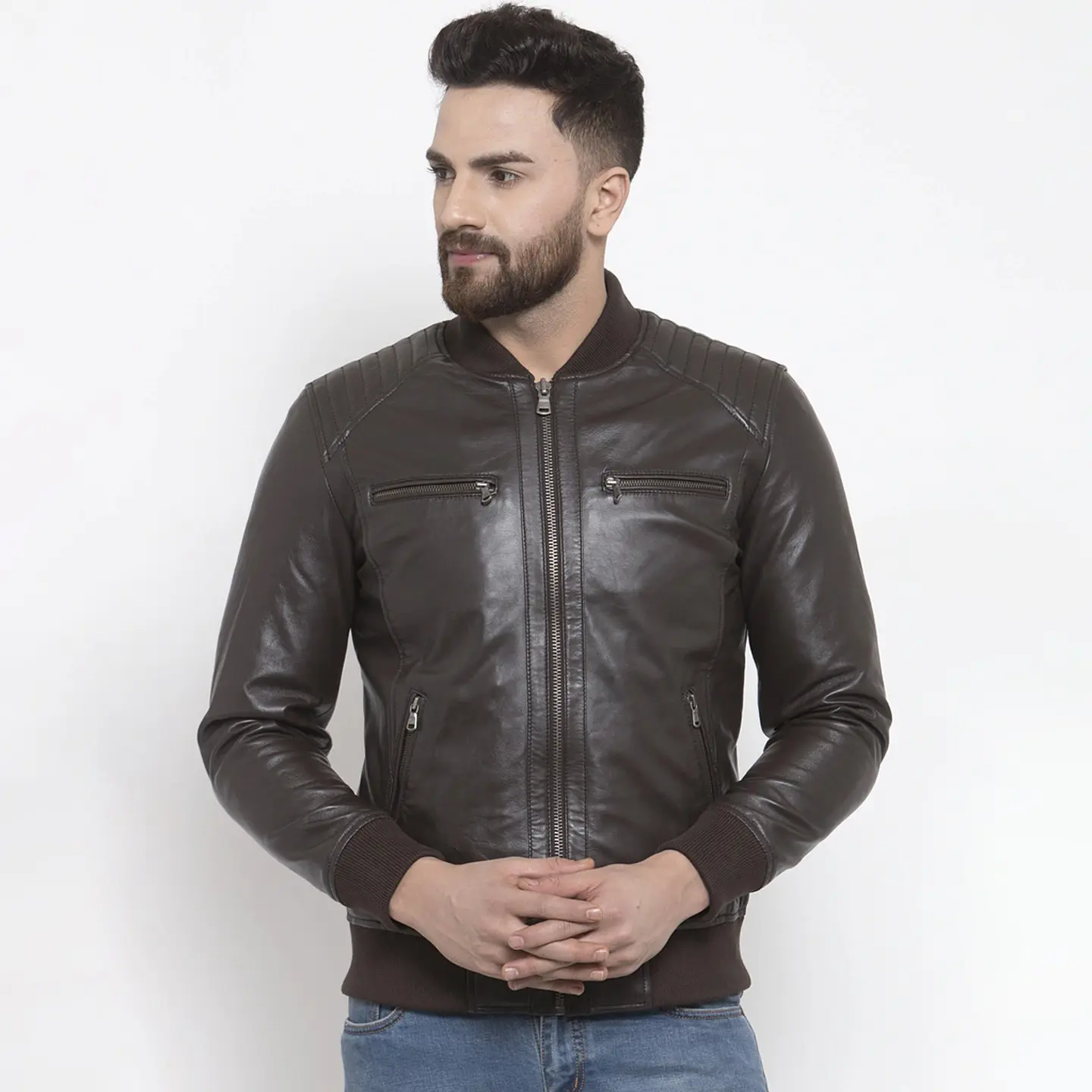 Men's Brown Genuine Leather Jacket Casual Style with Customized Logo and Label Windproof and Reversible All Sizes