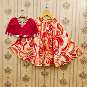 Lehenga Choli de Poliéster con Estampado Abstracto Rojo Naranja de Shoryam Fashion para Niñas |   Ropa Étnica de Diseño Premium Lista para Fiestas - Product Image 1