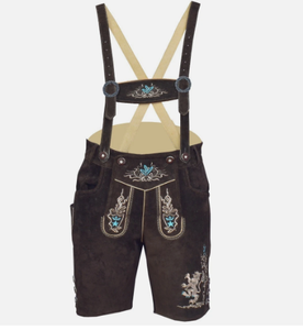 Lederhosen สีน้ำตาลสำหรับผู้ชายกางเกงขาสั้นลายลีเดอร์โฮเซ่นแบบทันสมัยลายหนังวัวแยกสั้นมีสไตล์สำหรับผู้ชาย - Product Image 1