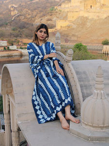 Kaftan indio de algodón 100% ecológico, elegante raya índigo con bordado a mano, ropa de playa informal cómoda - Product Image 3