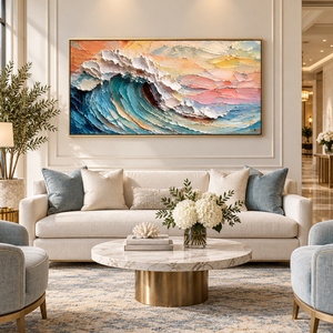 Grande Peinture Murale Peinte à la Main, Coucher de Soleil Océanique, Vague, Huile sur Toile, Impasto Épais, Scène Côtière Colorée, Décoration de Luxe pour Salon et Villa - Product Image 2