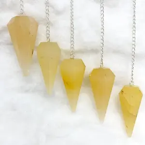 จี้ลูกตุ้มประดับหินอเวนจูรีนสีเหลืองธรรมชาติขนาด40มม. ทรงกรวยเหลี่ยมเพชรพลอยประดับบ้านมีเอกลักษณ์เป็นของฝากโซ่ชุบเงิน - Product Image 1