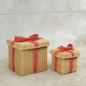 Boho Natural Rattan Christmas Gift <b>Box</b> With Bow Lid Decorative Wicker Storage Basket Holiday <b>Present</b> <b>Box</b> For Home Festive Decor - Product Image 6
