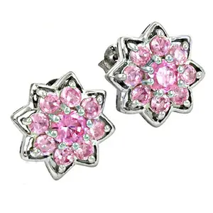 Pendientes de Botón con Flor de Zafiro Rosa de Moda para Mujer, Plata de Ley Chapada en Oro de 14K y 18K con Diamante, Regalo - Product Image 2