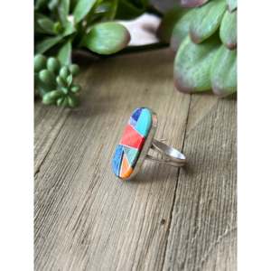 Navajo Handcrafted <b>Turquoise</b> & Opal Sterling Silver Inlay <b>Ring</b> Size 7.25 - Product Image 4