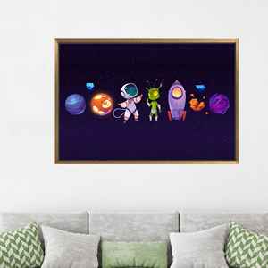 Obra de arte impresa en lienzo: arte de pared para niños con motivos espaciales, 1 pieza: con marco dorado - Product Image 1