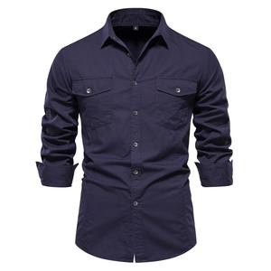 Chemise à poche pour homme en coton 100% style automne, couleur unie, coupe slim, décontractée, manches longues - Product Image 6