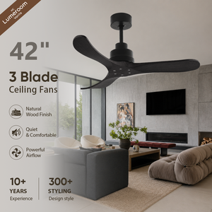 Ventilateur de plafond noir de 42 pouces sans lumière avec télécommande, 3 pales en bois massif, ventilateur de plafond moderne pour chambre à coucher, salon - Product Image 1