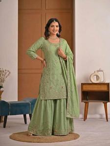 Conjunto de diseñador para novias y fiestas, con bordado de lentejuelas, top completamente cosido con sharara plazzo y dupatta, listo para usar. - Product Image 3