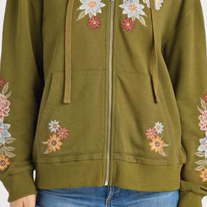 Sudadera con Capucha y Cremallera para Mujer, Diseño Floral Bordado en Verde Oliva, Invierno, Estética, Alta Calidad, Felpa Suave, Algodón Transpirable y Ecológico - Product Image 2