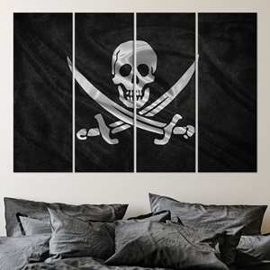 Impresión en lienzo de la elegante bandera Jolly Roger: decoración de calaveras y espadas, lienzo envuelto en 4 piezas - Product Image 1