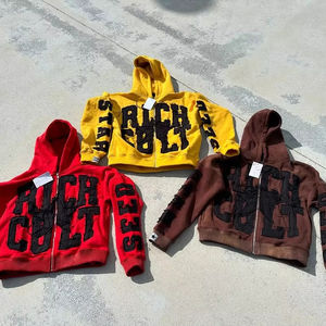 Fabricant personnalisé de survêtements lourds, sweat à capuche avec fermeture éclair et strass pour hommes, patch de broderie vintage vieilli épais - Product Image 1