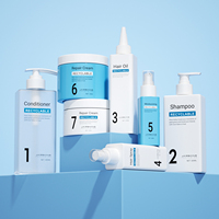 Ensemble de flacons de soin en plastique recyclable blanc et bleu avec pompe, pot à crème et vaporisateur pour marque de beauté durable et marque privée