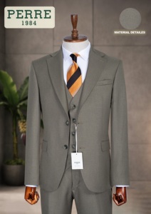 Traje de Negocios para Hombre PERRE, Estilo Británico, Gris Oscuro, Cuello Mao, Doble Botonadura, Antiarrugas, Corte Regular, 100% Poliéster - Product Image 5