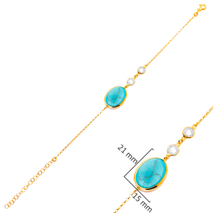 Turquoise 22K Gold Bezel Oval with CZ Stone Charm <b>Bracelet</b> Handcrafted 925 Sterling Silver for Woman Jewelry - Product Image 2