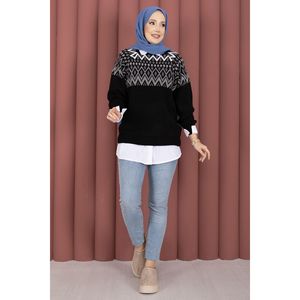 Cardigan Noir Ample en Maille pour Femme, Respirant, Motif Ethnique, Manteau d'Hiver Style Décontracté, Design Tissé, Logo Avant, Idéal pour l'Automne - Product Image 1