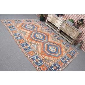 Alfombra Vintage Grande Ecológica de 5.8x8.4 pies, Azul y Naranja, Diseño de Patchwork, Lana con Base de Látex - Product Image 4