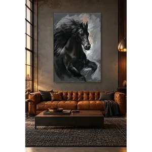 Cheval noir Fida avec crinière ondulante sur fond gris, impression sur toile - Product Image 3