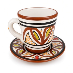 Ensemble tasse et soucoupe à café en céramique marocaine, fait main, motif vintage, passe au lave-vaisselle, vaisselle de service pour le thé, pour la maison, le café, cadeau - Product Image 1