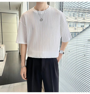 Camiseta de manga corta de verano para hombre, camiseta informal de Color sólido con cuello redondo, ropa de calle, Camisetas básicas sueltas - Product Image 6