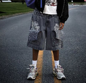 Nouveau short cargo baggy en jean pour homme avec double taille et strass diamantés sur les genoux, fabriqué sur mesure - Product Image 4