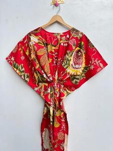 Caftán de Algodón con Estampado Floral Rojo, Elegante, hasta la Rodilla, para Verano, Cubre Bikini, para Damas de Honor, Suave, Cómodo, Ropa de Maternidad, Holgado, Talla Grande - Product Image 6