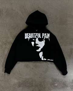 Sudadera con Capucha Corta de Algodón Grueso, Negra, con Hombros Caídos, Sin Cordones, Estilo Holgado, Personalizada con Estampado para Hombre - Product Image 3