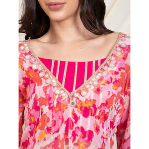 Deebaco Ensemble coordonné ethnique en mousseline pour femme, tunique longue florale avec crop top et pantalon palazzo, tenue de soirée estivale - Product Image 2