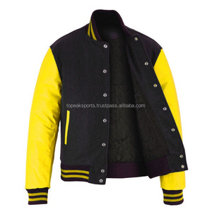 2026 OEM Men's Hot Selling Black <b>Wool</b> With <b>Yellow</b> Leather Sleeves Varsity Jacket 100%High Quality Low MOQ Heated Fashion Jackets - Product Image 3