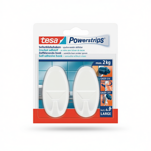 Powerstrips Large Decorative <b>Hooks</b> 58013 Oval White TESA Novelty <b>Hooks</b> 2 <b>Hooks</b>/4 Strips 70x37mm Size L - Product Image 3