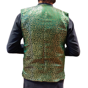 Garçons traditionnels vert Afghani laine gilet doré broderie décontracté ethnique à la main gilet pour l'automne Eid mariage Mehndi porter - Product Image 6