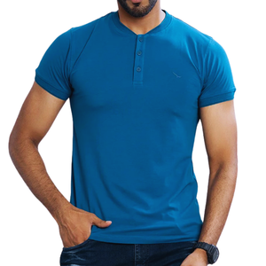 Camiseta Henley de algodón azul Premium Ropa informal suave, elegante y cómoda - Product Image 1