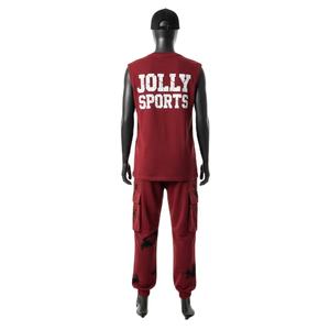 Conjunto deportivo de dos piezas sin mangas para hombre, tela duradera de algodón y poliéster, color rojo, logotipo estampado en caliente, camiseta sin mangas y pantalón para hombre - Product Image 2