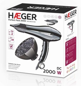 Asciugacapelli pieghevole nero Haeger da 2000 W con diffusore e concentratore (HD-200.012A) - Product Image 5