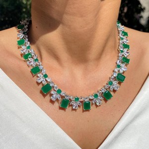 Luxury Emerald Green Onyx Necklace Statement CZ Indian Bridal Jewelry Designer Cubic Zirconia Wedding Gift White Rhodium Plated - Product Image 2