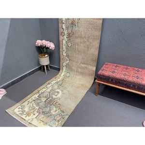 Turkish <b>Runner</b> Rug 2.8x10.3 ft, Brown <b>Green</b> Striped Rug Wool - Product Image 3