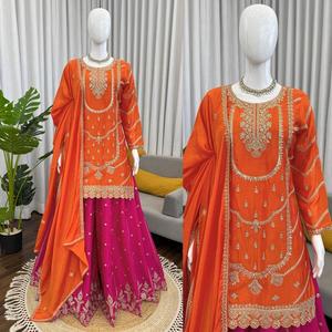 ชุดชาราราผ้าไหมชิโนนสำหรับผู้หญิง พร้อมผ้าคลุมไหล่ ปักลาย สำหรับงานปาร์ตี้ ชุดพื้นเมือง - Product Image 1