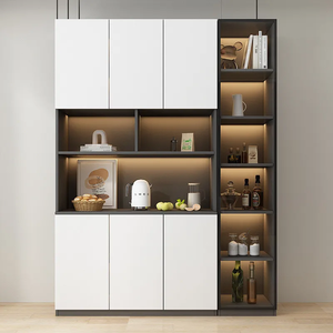 Mueble de comedor personalizado con estanterías retroiluminadas, expositor de vinos, compartimentos abiertos, almacenamiento cerrado y puertas sin tiradores. - Product Image 2