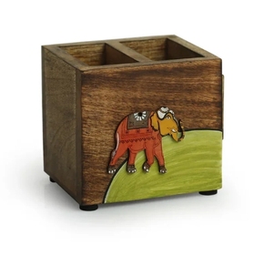 Porte-couverts et papeterie Elephant Tales avec porte-cure-dents 3 cloisons Porte-ustensiles en bois de manguier peint à la main - Product Image 6