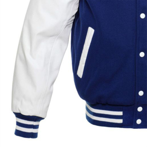 New Royal Blue <b>Wool</b> Versity Letterman College Hoodie Jacket With White Leather Sleeves Winter High Street Stand Collar Low Moq - Product Image 3