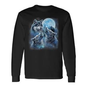 T-shirt a maniche lunghe con tre lupi maestosi avvolti nelle nuvole della galassia e luna ghiacciata - Prodotto promozionale - Product Image 1