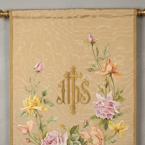 Custom Embroidered Religious Wall <b>Banner</b> Floral Tapestry Scroll Beige Gold Pink Flower Wall Hanging - Product Image 1