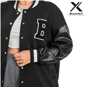 Chaqueta Varsity Acolchada Personalizable para Mujer, Tallas Grandes, 100% Lana, Mangas de Cuero, Resistente al Viento, Relleno de Algodón Teñido Liso - Product Image 5