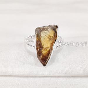 Bijoux en pierre brute Bague pour femme Pierre précieuse citrine brute naturelle Pierre de naissance de novembre Bijoux à pois Bague en argent sterling 925 - Product Image 1
