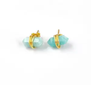 925 Sterling Silver Amazonite Gemstone Two Side Point Stud Gold Vermeil Stud Birthstone Earrings Wire Wrapped Stud Earrings