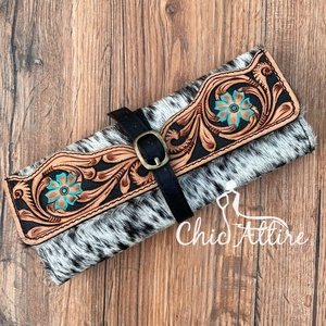 Elegante organizador de joyas plegable con herramientas a mano, rollo de joyería portátil Floral de piel de vaca occidental, estuche de joyería de viaje de cuero genuino - Product Image 1