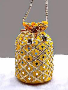 Women's Embroidered <b>Clutch</b> Purse Box Pattern Gota Patti Work Potli Bag Evening Bag with Drawstring Mirror for <b>Weddings</b> Gifts - Product Image 3